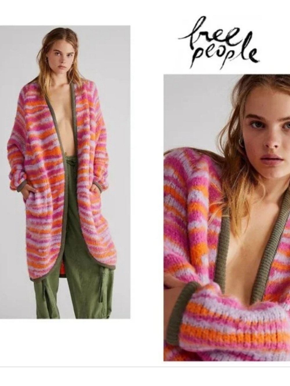 NWT Free People Tiger Pink & Orange Striped Open-Front Cardigan $328 MSRP
